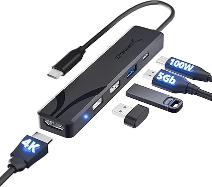 SABRENT Hub USB C HDMI 4K Adaptador USB Tipo-C 5 Puertos 100W PD 1 Puerto USB 3.0, 2 Puertos USB 2.0 y HDMI 4K Compatible con MacBook Pro Air M3 M2 M1 iPad Pro Air, Surface Pro, Laptops [HB-TC5P]