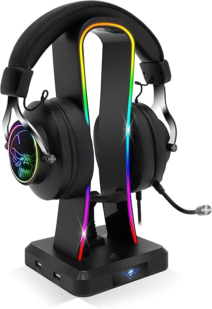 Spirit Of Gamer - Sentinel, Soporte Auriculares Gaming RGB, 11 Efectos de Retroiluminación, 4 Puertos USB, Compatible con PC y Consola, Cable USB-C y Guía para Cable de Ratón, Accesorio Ideal Gaming